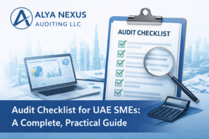 Alya Nexus Auditing LLC audit checklist graphic showing a clipboard, calculator, laptop and magnifying glass representing a complete audit checklist for UAE SMEs.
