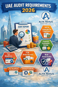 Infographic showing UAE audit requirements for 2026, including VAT compliance, corporate tax, FTA-ready records, risk-based audits, financial statement review, and internal controls, with an auditor reviewing documents and Dubai skyline in the background.