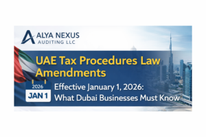 Banner highlighting UAE Tax Procedures Law Amendments 2026 effective January 1, 2026, featuring Dubai skyline and Alya Nexus Auditing LLC logo.