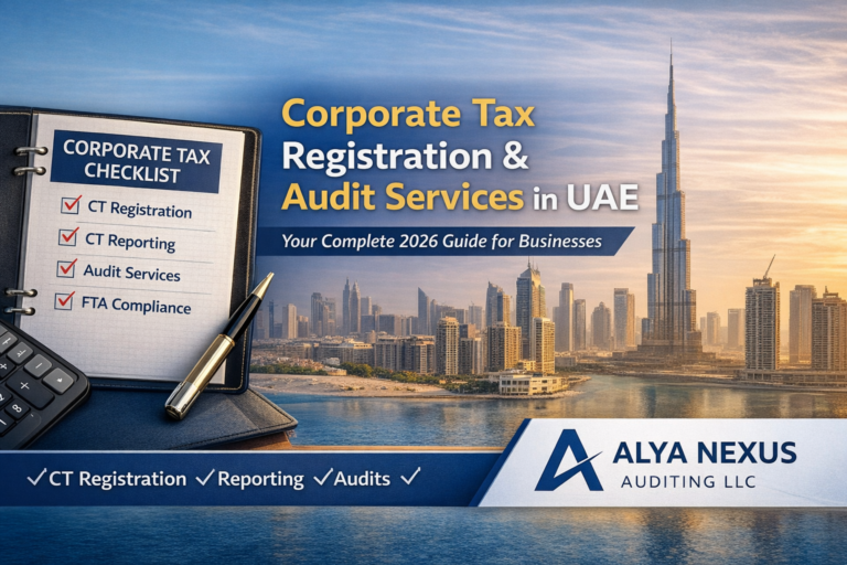 Corporate Tax Registration and Audit Services in UAE by Alya Nexus Auditing LLC featuring Dubai skyline and CT compliance checklist
