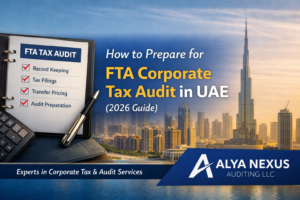 Feature image showing Dubai skyline and an audit checklist, representing preparation for FTA Corporate Tax Audit in UAE with Alya Nexus Auditing LLC logo.