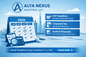 Infographic showing the 2026 UAE compliance calendar with key deadlines for VAT, Corporate Tax, and Audit & Financials, set against a Dubai skyline backdrop.