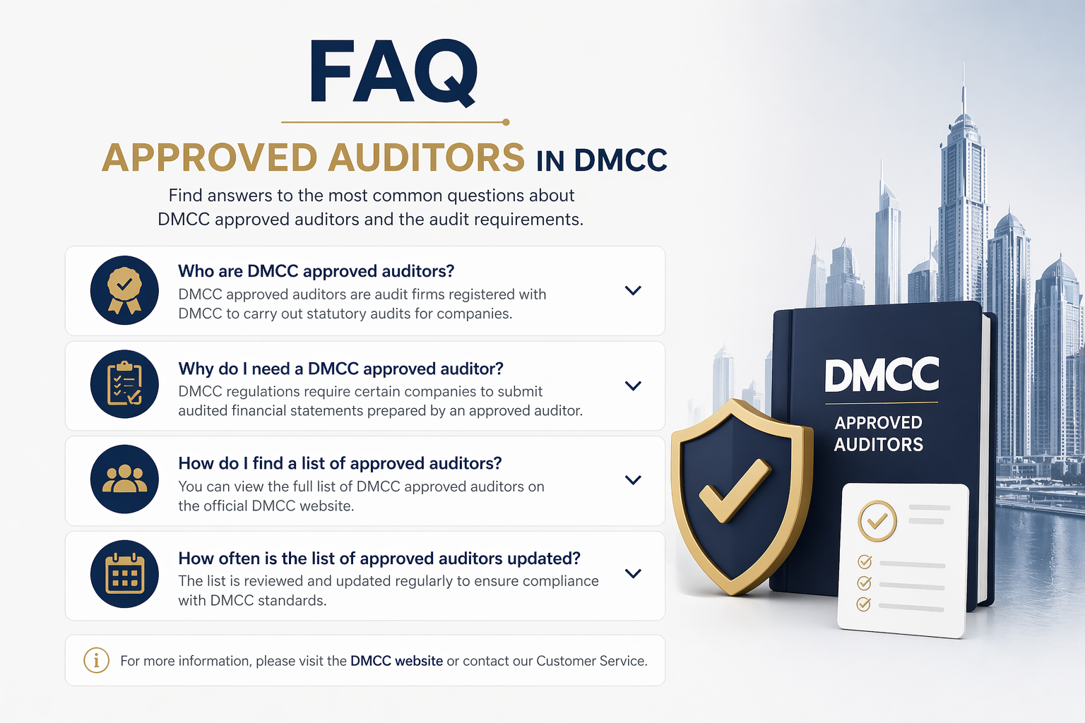 FAQ section for DMCC audit requirements and approved auditors in Dubai free zone