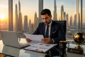 : UAE accountant reviewing financial statements in a Dubai high-rise office