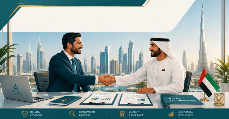 Two professionals shaking hands in a Dubai office with audit documents on the table — representing how to choose an audit firm in Dubai.