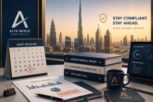 UAE free zone audit deadline compliance illustration with Dubai skyline"
