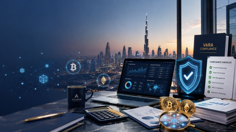 Professional fintech workspace overlooking the Dubai skyline with blockchain dashboard, Bitcoin and Ethereum symbols, compliance checklist, audit reports, and cybersecurity shield representing VARA-compliant crypto auditing in the UAE.