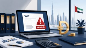 AT penalty warning on laptop screen with UAE dirham coin, representing FTA VAT penalties in the UAE