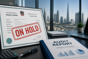 UAE trade license document stamped "ON HOLD" beside an audit report on an office desk with a blurred Dubai skyline in the background, illustrating the consequences of missing a free zone audit deadline.