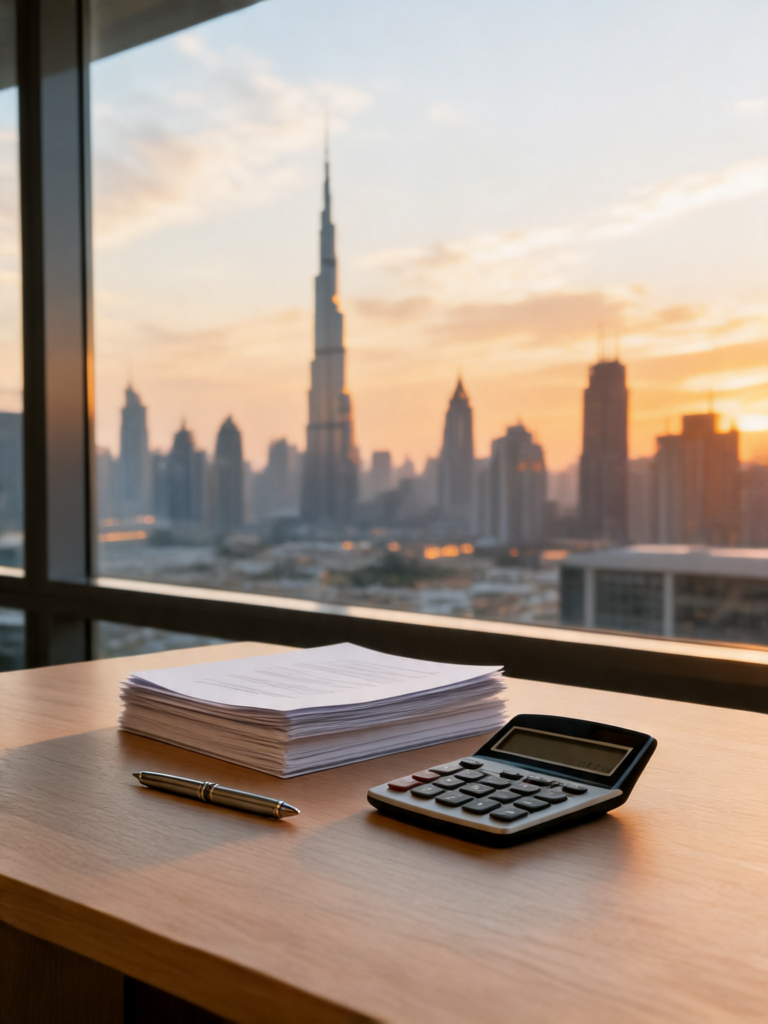 Business desk in a Dubai office with documents, pen, and calculator, Burj Khalifa visible through the window at golden hour."